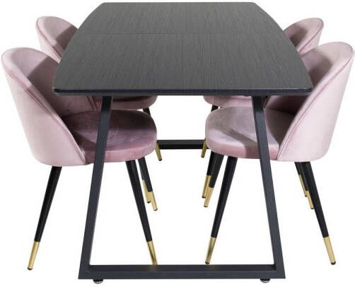 Hioshop IncaBLBL eethoek eetkamertafel uitschuifbare tafel lengte cm 160 200 zwart en 4 Velvet eetkamerstal velours roze zwart messing decor - Foto 1
