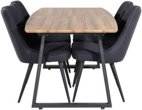 Hioshop IncaNABL eethoek eetkamertafel uitschuifbare tafel lengte cm 160 200 el hout decor en 4 Velvet Deluxe eetkamerstal zwart - Foto 1