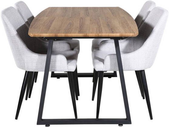 Hioshop IncaNABL eethoek eetkamertafel uitschuifbare tafel lengte cm 160 200 el hout decor en 4 Plaza eetkamerstal lichtgrijs zwart