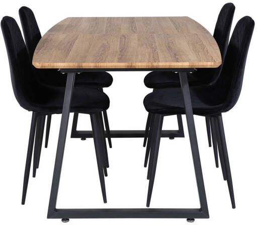 Hioshop IncaNABL eethoek eetkamertafel uitschuifbare tafel lengte cm 160 200 el hout decor en 4 Polar Diamond eetkamerstal velours zwart