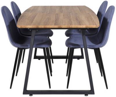 Hioshop IncaNABL eethoek eetkamertafel uitschuifbare tafel lengte cm 160 200 el hout decor en 4 Polar eetkamerstal blauw.