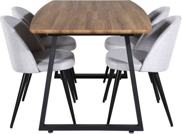 Hioshop IncaNABL eethoek eetkamertafel uitschuifbare tafel lengte cm 160 200 el hout decor en 4 Velvet eetkamerstal lichtgrijs zwart