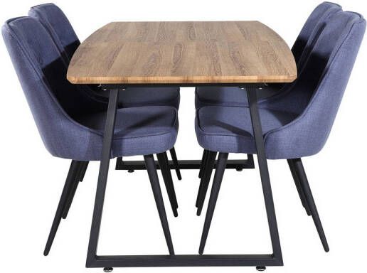 Hioshop IncaNABL eethoek eetkamertafel uitschuifbare tafel lengte cm 160 200 el hout decor en 4 Velvet Deluxe eetkamerstal blauw zwart - Foto 1