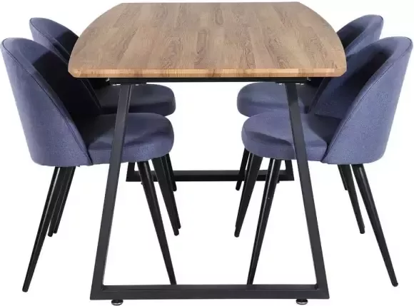 Hioshop IncaNABL eethoek eetkamertafel uitschuifbare tafel lengte cm 160 200 el hout decor en 4 Velvet eetkamerstal blauw.