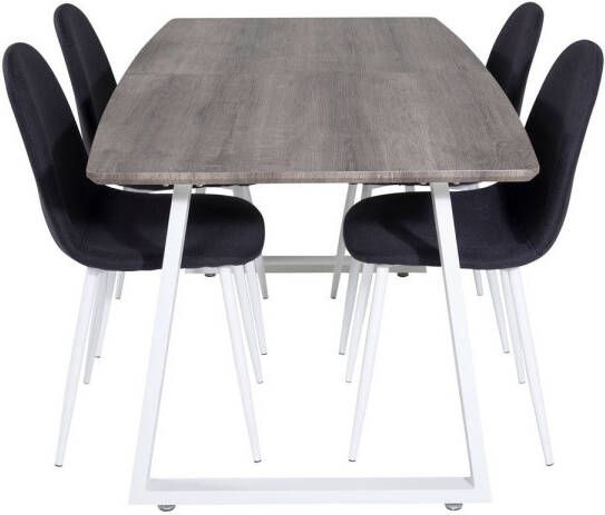 Hioshop IncaNAWH eethoek eetkamertafel uitschuifbare tafel lengte cm 160 200 el hout decor grijs en 4 Polar eetkamerstal zwart wit