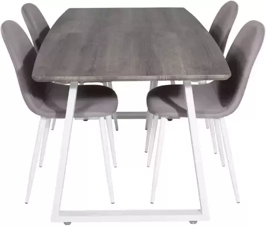 Hioshop IncaNAWH eethoek eetkamertafel uitschuifbare tafel lengte cm 160 200 el hout decor grijs en 4 Polar eetkamerstal grijs wit