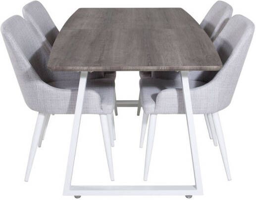 Hioshop IncaNAWH eethoek eetkamertafel uitschuifbare tafel lengte cm 160 200 el hout decor grijs en 4 Plaza eetkamerstal grijs wit