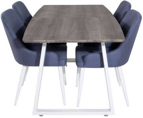 Hioshop IncaNAWH eethoek eetkamertafel uitschuifbare tafel lengte cm 160 200 el hout decor grijs en 4 Plaza eetkamerstal blauw wit