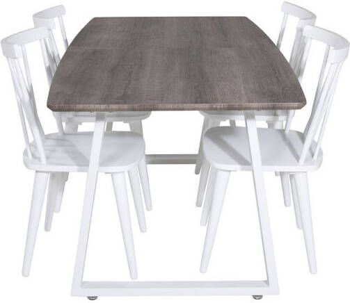 Hioshop IncaNAWH eethoek eetkamertafel uitschuifbare tafel lengte cm 160 200 el hout decor grijs en 4 Mariannelund eetkamerstal wit