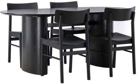 Hioshop Isolde eethoek tafel zwart en 4 Montros stoelen zwart.