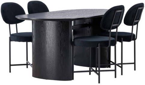 Hioshop Isolde eethoek tafel zwart en 4 Stella stoelen zwart.