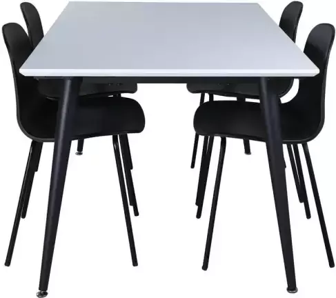 Hioshop Jimmy150 eethoek eetkamertafel uitschuifbare tafel lengte cm 150 240 wit en 4 Arctic eetkamerstal zwart.
