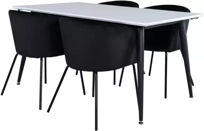 Hioshop Jimmy150 eethoek eetkamertafel uitschuifbare tafel lengte cm 150 240 wit en 4 Berit eetkamerstal velours zwart.
