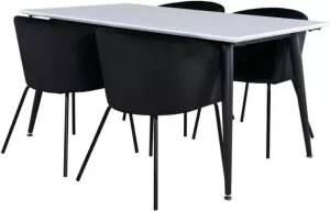Hioshop Jimmy150 eethoek eetkamertafel uitschuifbare tafel lengte cm 150 240 wit en 4 Berit eetkamerstal velours grijs.