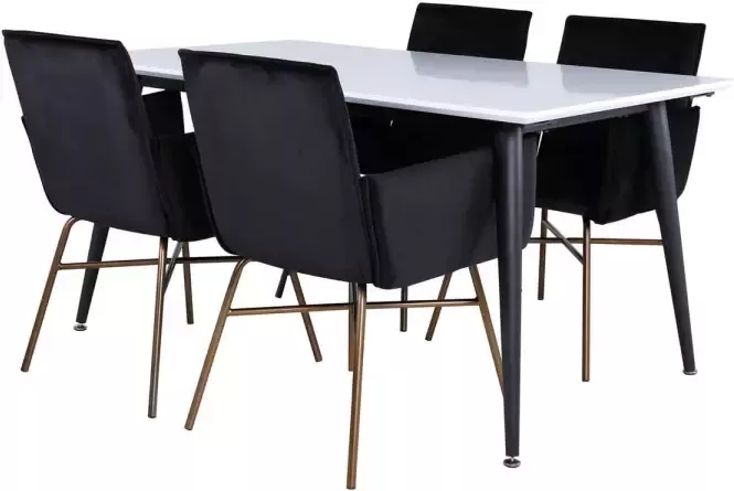 Hioshop Jimmy150 eethoek eetkamertafel uitschuifbare tafel lengte cm 150 240 wit en 4 Pippi eetkamerstal velours zwart.