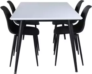 Hioshop Jimmy150 eethoek eetkamertafel uitschuifbare tafel lengte cm 150 240 wit en 4 Polar eetkamerstal velours zwart.
