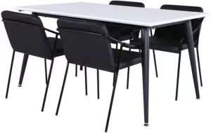 Hioshop Jimmy150 eethoek eetkamertafel uitschuifbare tafel lengte cm 150 240 wit en 4 Tvist eetkamerstal PU kunstleer zwart.