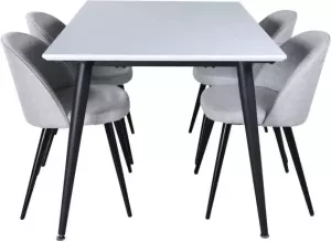 Hioshop Jimmy150 eethoek eetkamertafel uitschuifbare tafel lengte cm 150 240 wit en 4 Velvet eetkamerstal zwart.