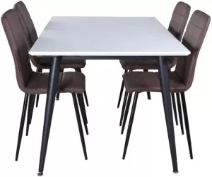 Hioshop Jimmy150 eethoek eetkamertafel uitschuifbare tafel lengte cm 150 240 wit en 4 Windu Lyx eetkamerstal bruin.