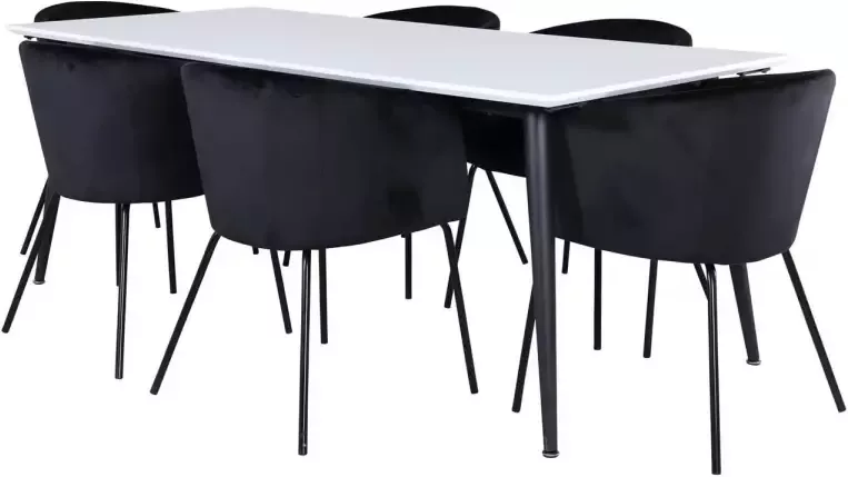 Hioshop Jimmy195 eethoek eetkamertafel uitschuifbare tafel lengte cm 195 285 wit en 6 Berit eetkamerstal velours grijs.