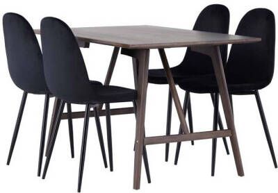 Hioshop Kaseidon eethoek tafel bruin en 4 Polar stoelen zwart.