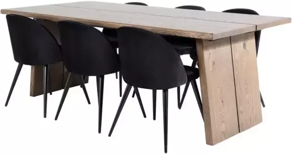 Hioshop Logger eethoek eetkamertafel uitschuifbare tafel lengte cm 210 310 rokerig eik en 6 Velvet eetkamerstal velours zwart.