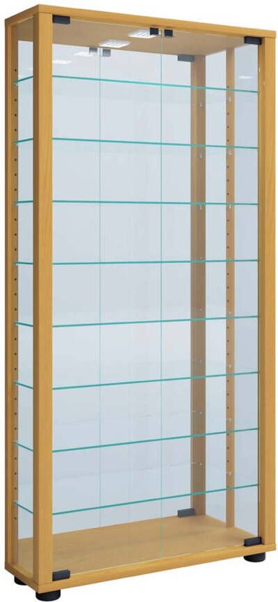 Hioshop LumoMaxi vitrinekast met spiegel 2 glazen deuren Incl. LED-verlichting beuken decor.