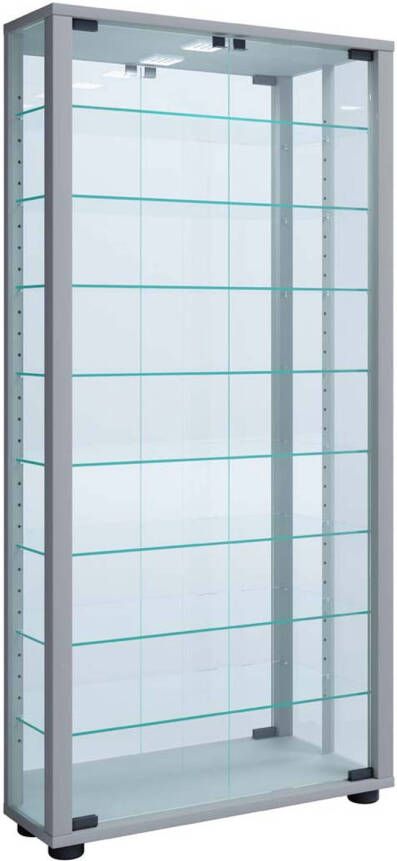 Hioshop LumoMaxi vitrinekast met spiegel 2 glazen deuren Incl. LED-verlichting zilverkleurig. - Foto 1