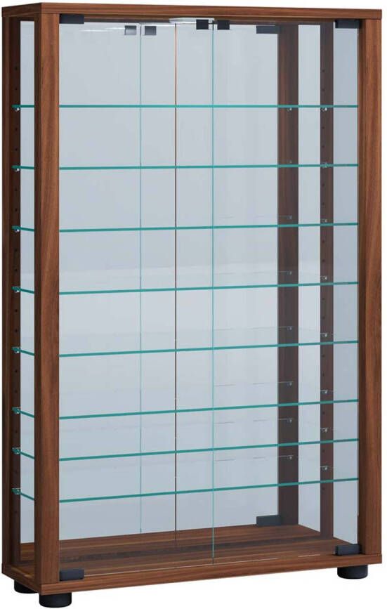 Hioshop LumoMini vitrinekast met spiegel 2 glazen deuren Incl. LED-verlichting nootboom decor.