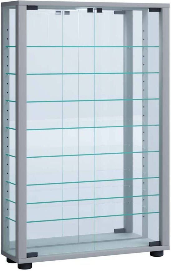 Hioshop LumoMini vitrinekast met spiegel 2 glazen deuren Incl. LED-verlichting zilverkleurig. - Foto 1
