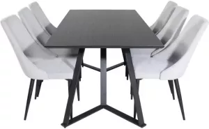 Hioshop MarinaBLBL eethoek eetkamertafel zwart en 6 Leone eetkamerstal fluweel lichtgrijs zwart.