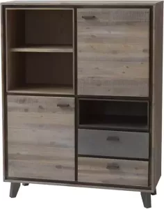 Hioshop Marla kommode hoog met 2 deurtjes en 2 lades acaciahout bruin-grijs.