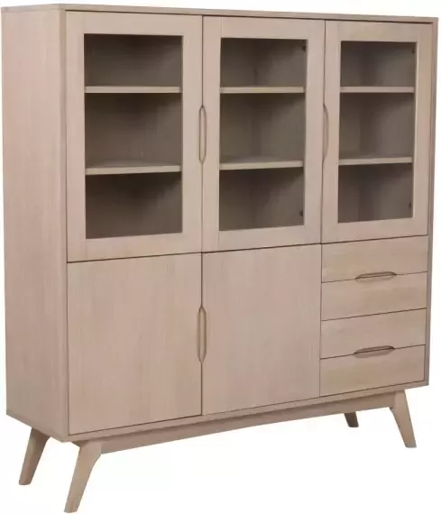 Hioshop Martha vitrinekast met 3 glazen deuren 2 houten deuren en 4 lades eik.