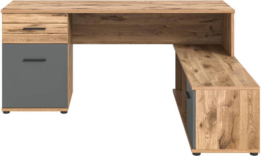 Hioshop Mason bureau hoek 2 deuren 1 lade 2 planken grijs eik decor.