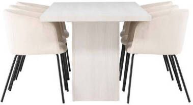 Hioshop Olga eethoek tafel wit en 6 berit stoelen beige.