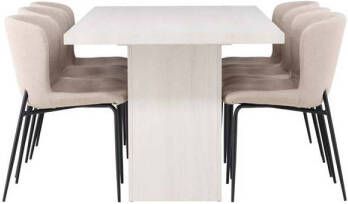 Hioshop Olga eethoek tafel wit en 6 Modesto stoelen beige.