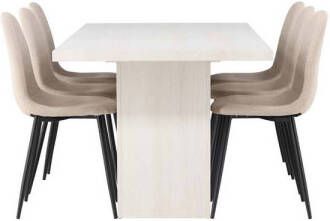 Hioshop Olga eethoek tafel wit en 6 Polar stoelen beige.