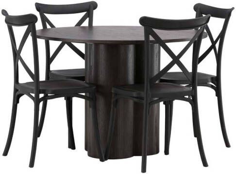 Hioshop Olivia eethoek tafel mokka en 4 Crosett stoelen zwart.