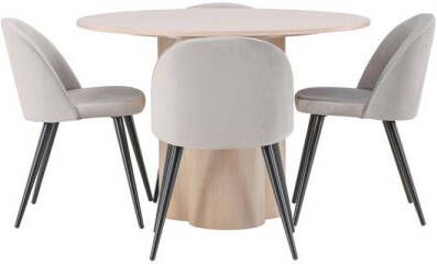 Hioshop Olivia eethoek tafel whitewash en 4 Velvet stoelen grijs.