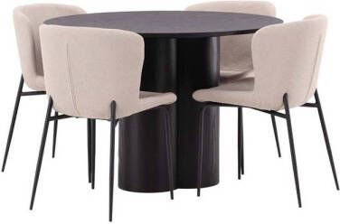 Hioshop Olivia eethoek tafel zwart en 4 Modesto stoelen beige.