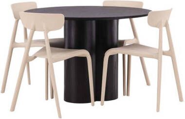 Hioshop Olivia eethoek tafel zwart en 4 Ursholmen stoelen beige.