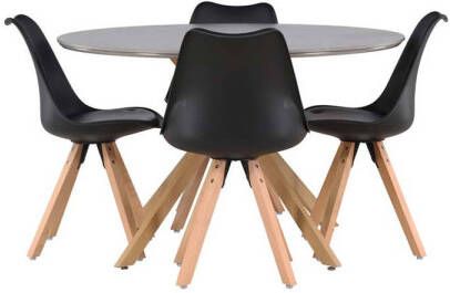 Hioshop Piazza eethoek tafel grijs en 4 Zeno stoelen zwart.