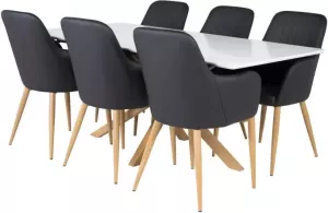 Hioshop Piazza180x90WHNA eethoek eetkamertafel wit en 6 Comfort eetkamerstal PU kunstleer zwart PU kunstleer eik decor.