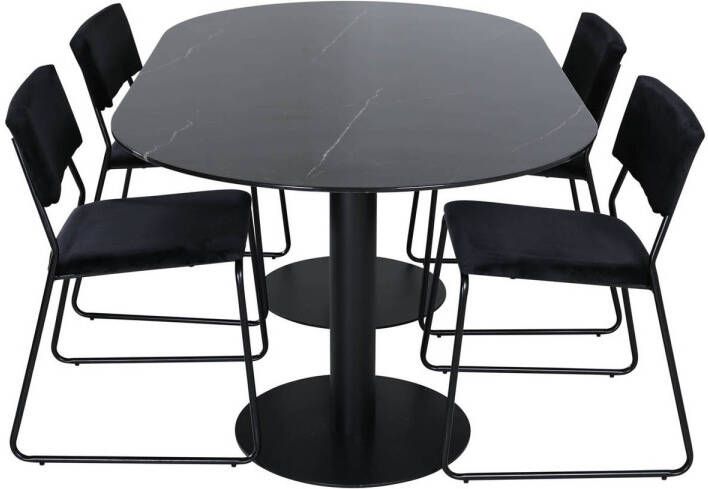 Hioshop Pillan eethoek eetkamertafel zwart glas marmer decor en 4 Kenth eetkamerstal velours zwart.