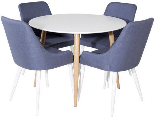 Hioshop PlazaWHOAK100 eethoek eetkamertafel wit en 4 Plaza eetkamerstal blauw wit.
