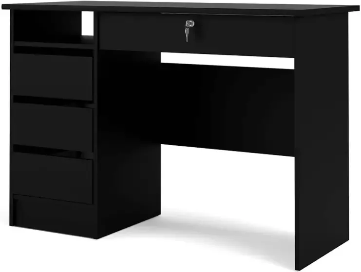 Hioshop Plus bureau met 1 legplank 3 kleine laden en 1 grote lade met sleutel mat zwart.