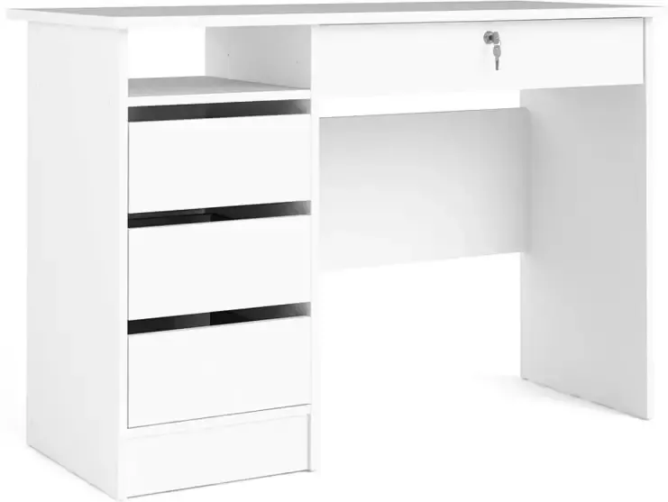Hioshop Plus bureau met 1 legplank 3 kleine laden en 1 grote lade met sleutel wit.