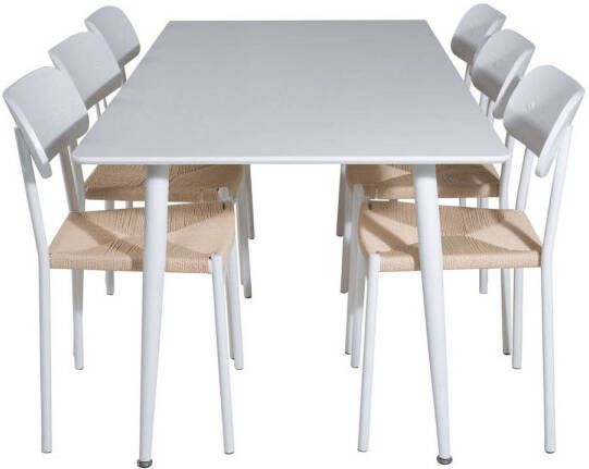 Hioshop Polar180X90WHWH eethoek eetkamertafel wit en 6 Polly eetkamerstal natuur wit.