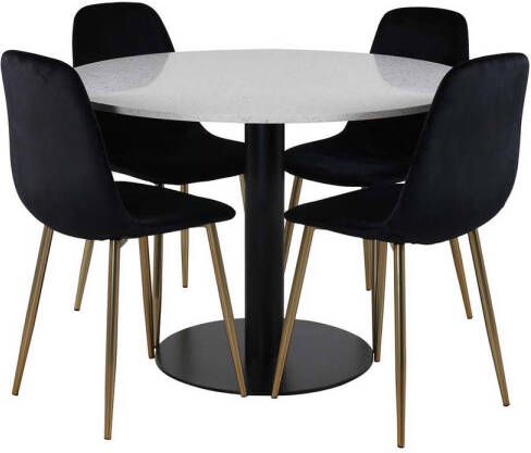 Hioshop Razzia eethoek tafel wit en 4 Polar stoelen zwart.