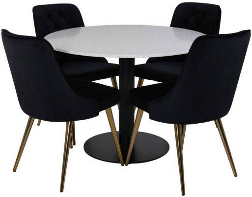 Hioshop Razzia eethoek tafel wit en 4 Velvet Deluxe stoelen zwart.